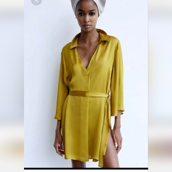 Zara yellow/green  silk Mini Belted dress With Collar And Side Slit -Medium - Picture 1 of 10